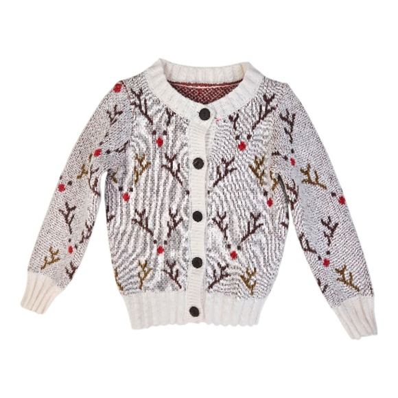 Unbranded Other - Girls Christmas Rudolph Cream Brown Reindeer Cardigan Sweater M 7/8